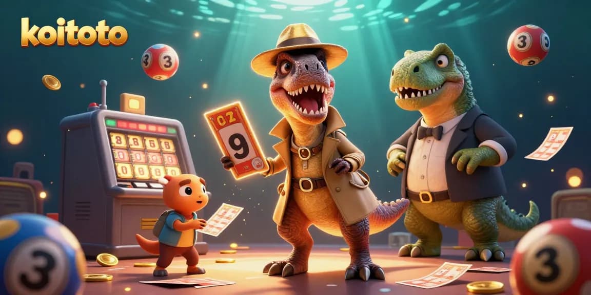 Koitoto lottery drawing scene featuring cartoon velociraptor, stegosaurus, and compy pickpocket sneaking tickets