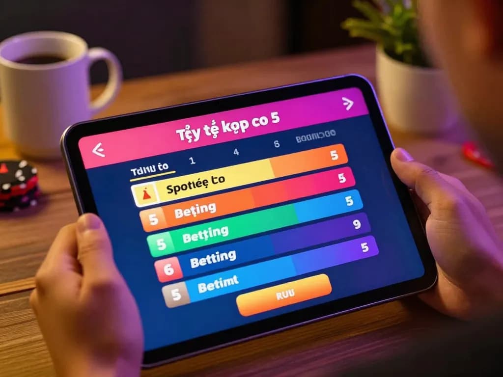 Engaging in tỷ lệ kèo nhà cái 5 sports betting on a tablet with a cozy atmosphere.