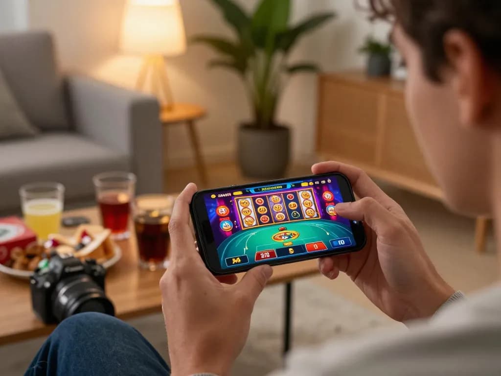 Engaging gaming moment with kk win casino app on smartphone in cozy living room, capturing exciting gameplay.
