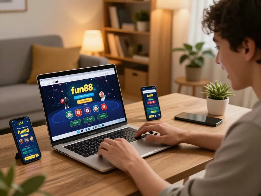 Fun88 user engaging in online betting during a home gaming session with laptop and mobile app.