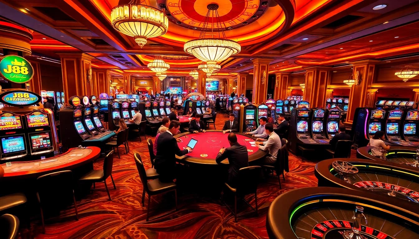 Experience the thrill of the j88 gaming table amid a vibrant casino atmosphere filled with excitement.