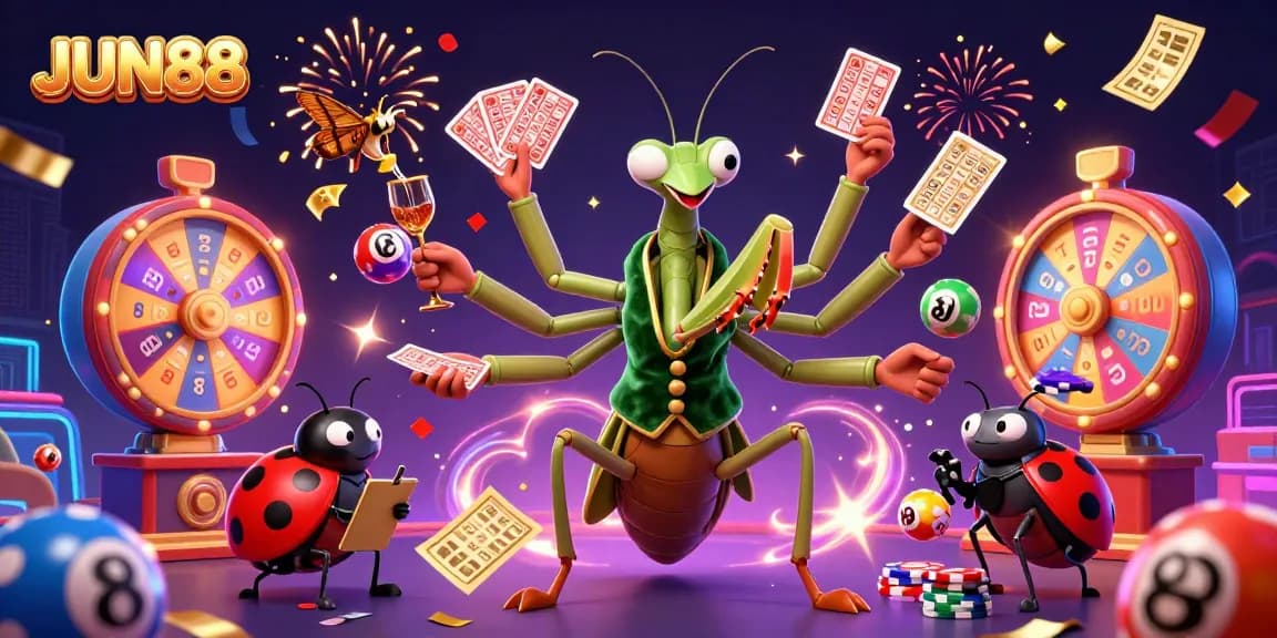 Experience the thrill of JUN88 with vibrant casino elements and animated characters in a festive digital illustration.