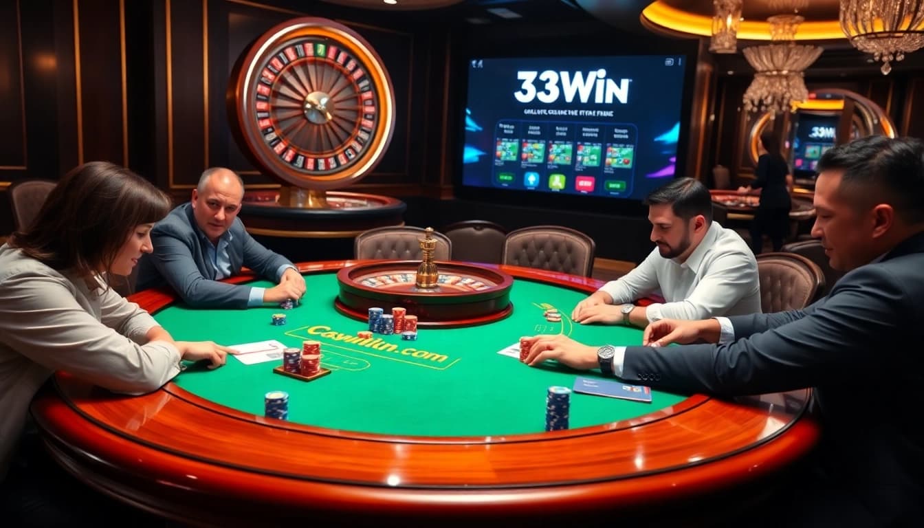 Players enjoying a professional poker game at 33WIN com online casino table.