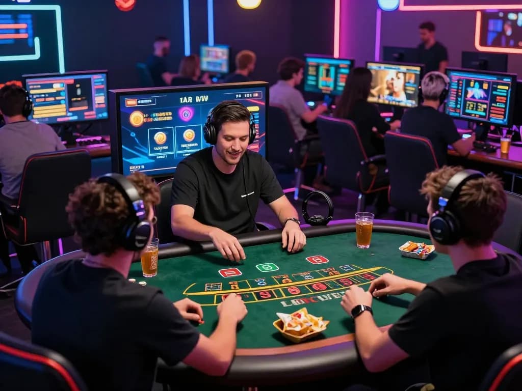 Engaging scene of diverse players enjoying nhà cái gg88 online casino games, illuminated by neon lights and dynamic graphics.
