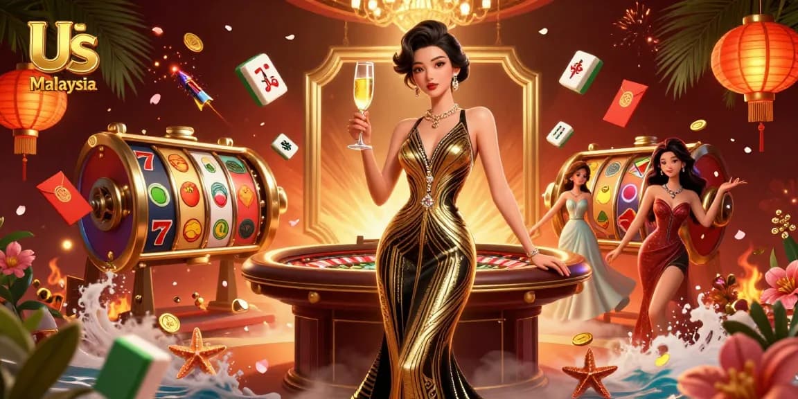 Experience the excitement of Us Casino Malaysia with vibrant slot reels, festive decor, and glamorous ambiance.