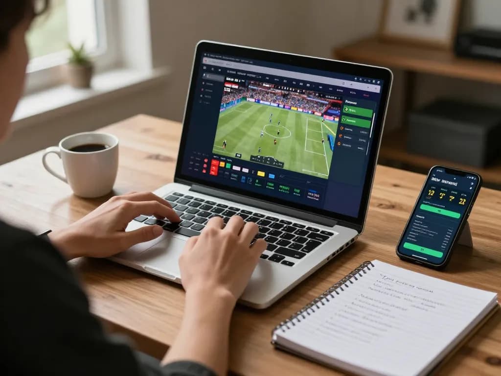 LC88 user engaging in live sports betting on laptop, surrounded by strategy notes and drinks