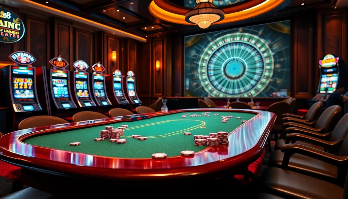 Experience thrilling gameplay at HZ88 com with vibrant casino scenes featuring poker and slot machines.