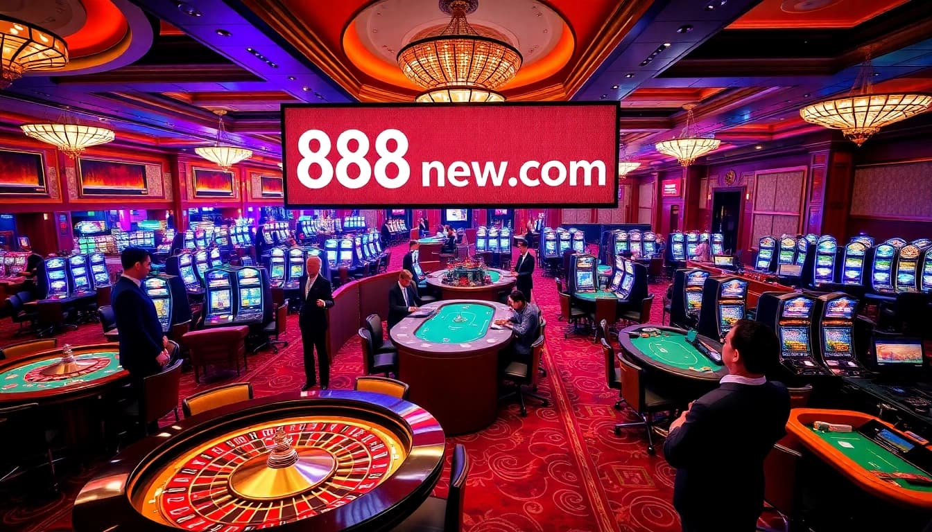 Gambling excitement at 888new.com with players at roulette and poker tables.