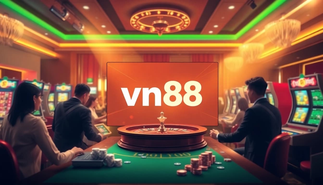 Engage in thrilling gameplay at vn88's modern online casino, featuring vibrant poker chips and a roulette wheel.