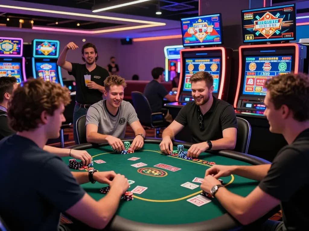 Engaging casino experience at 88aa com with players at slot machines and poker tables, neon lights creating an exciting atmosphere.