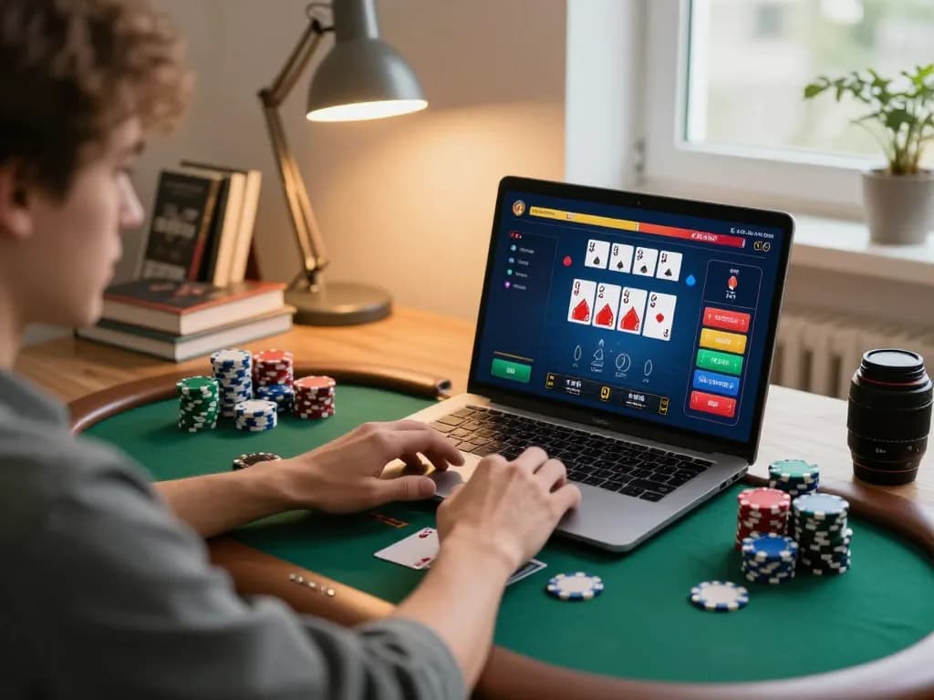 Engaged player at home exploring online poker options at nhacaiuytin, showcasing responsible gaming.