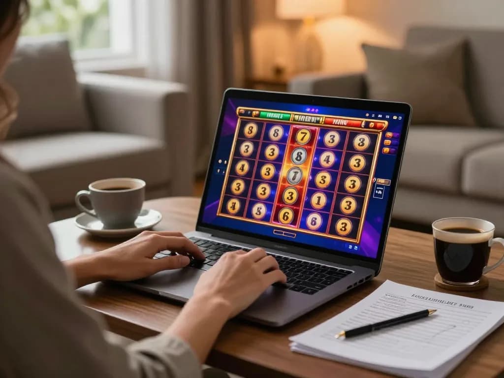 Using Đăng Ký 28Bet for an online slot game on a cozy laptop setup, showcasing vibrant reels.