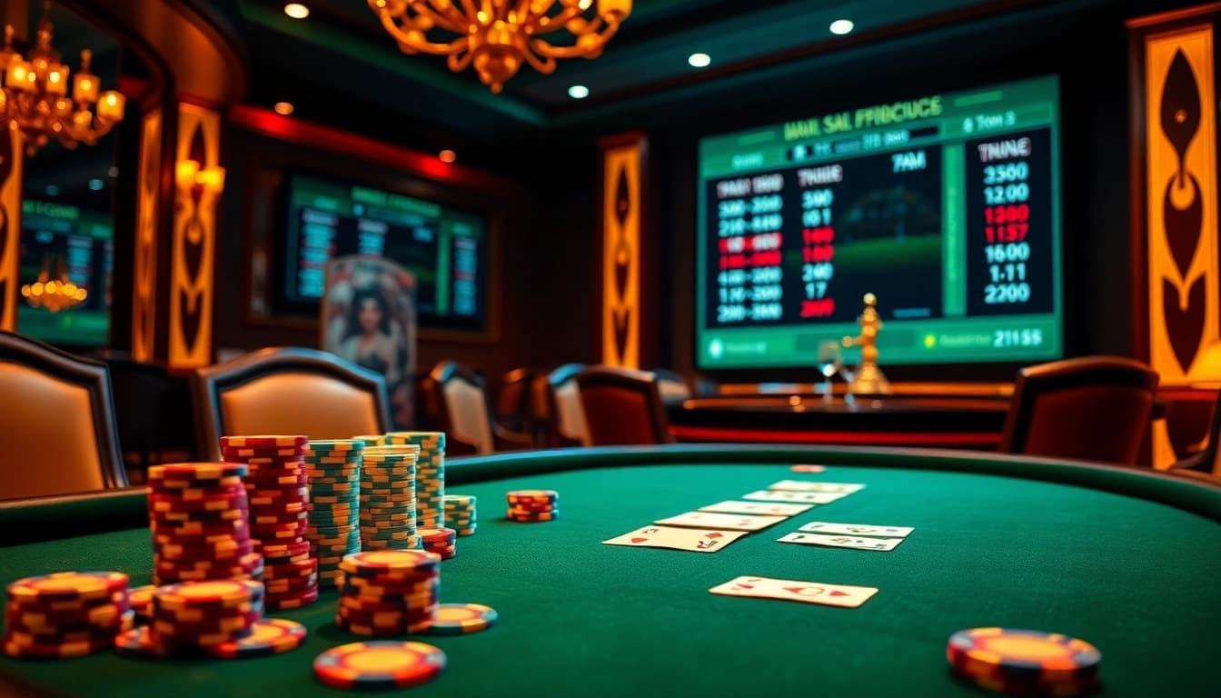 Tỷ số tỷ lệ 7m displayed on a digital screen in an elegant poker scene showcasing chips and cards.