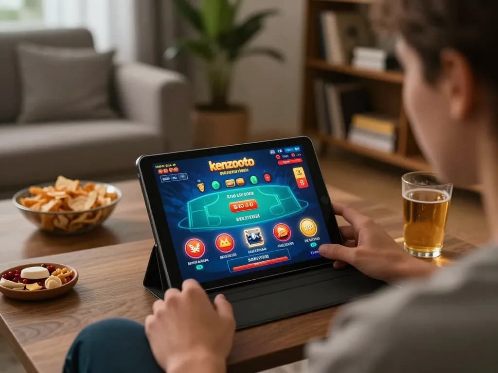 Pemain Kenzototo berinteraksi dengan permainan kasino online di rumah, menunjukkan permainan yang santai dan bertanggung jawab.