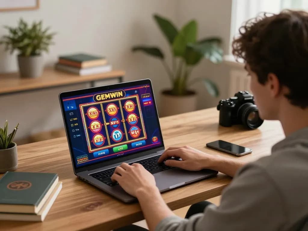 Player enjoying GEMWIN online gaming experience on laptop in a cozy home setting