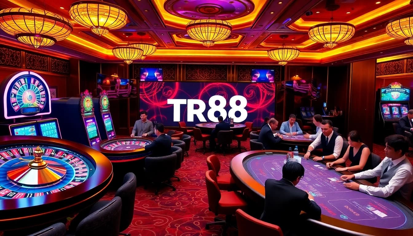 Experience the thrill at a casino featuring the keyword TR88, with poker tables and vibrant slot machines.
