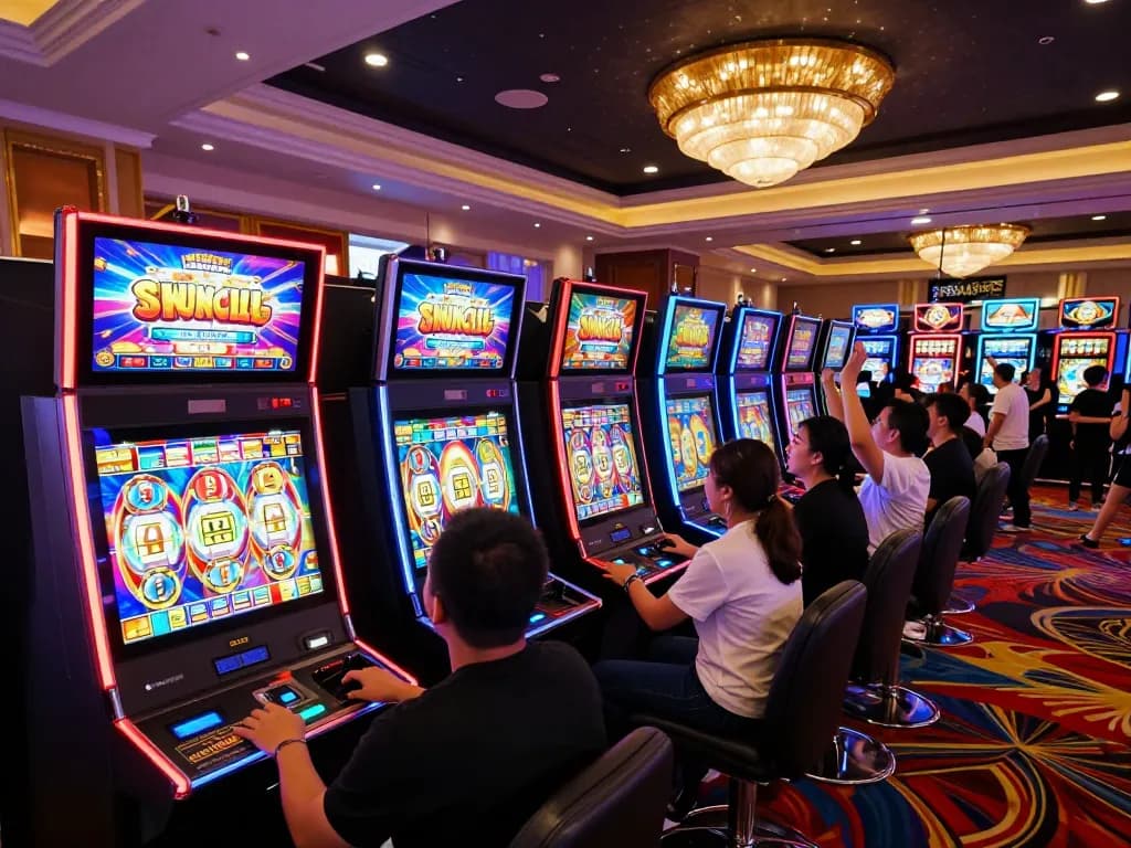 Engaged players enjoying their time at link slot machines in a vibrant casino atmosphere.