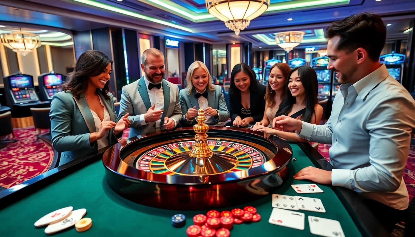 Players enjoying an exciting roulette game at LUCK8 casino with vibrant ambiance.