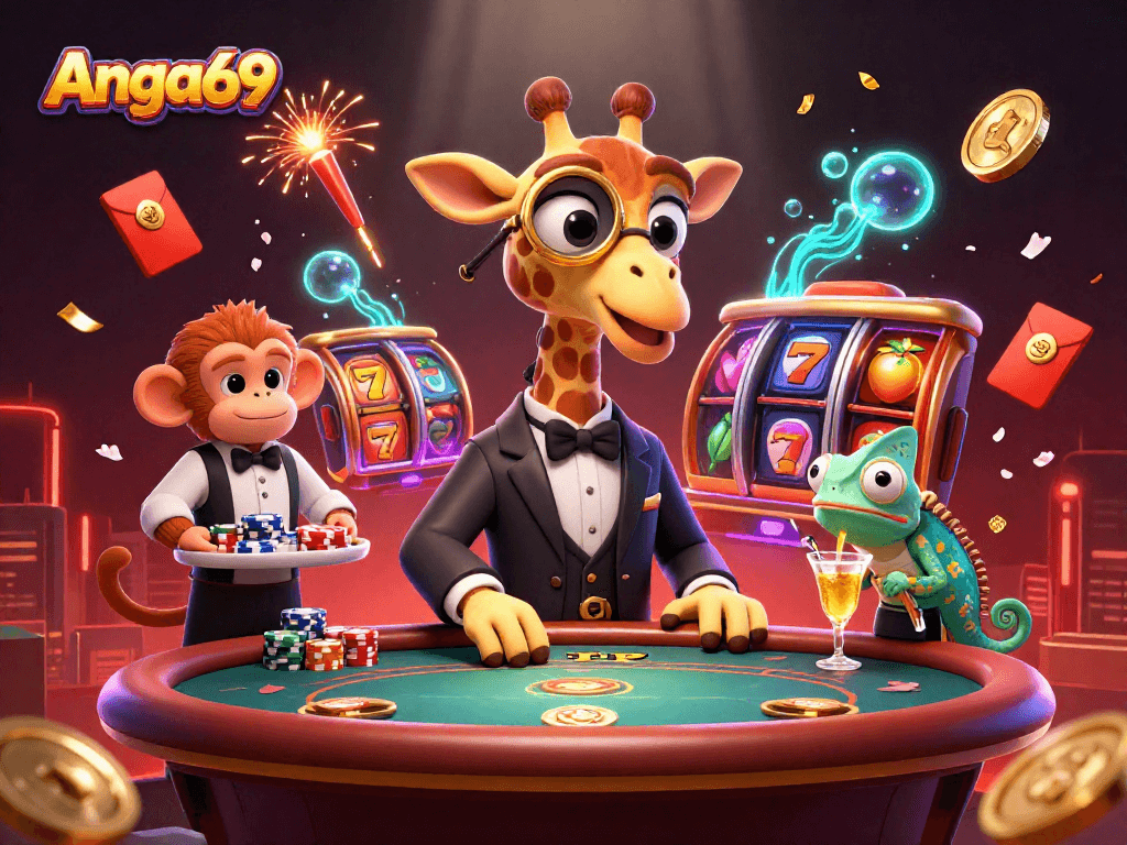 Experience Angka69's vibrant slot gaming with a high-roller giraffe, monkey valet, and chameleon bartender.