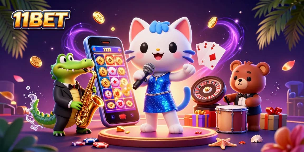 Experience excitement at 11BET with this vibrant casino scene featuring lively characters and gaming elements.