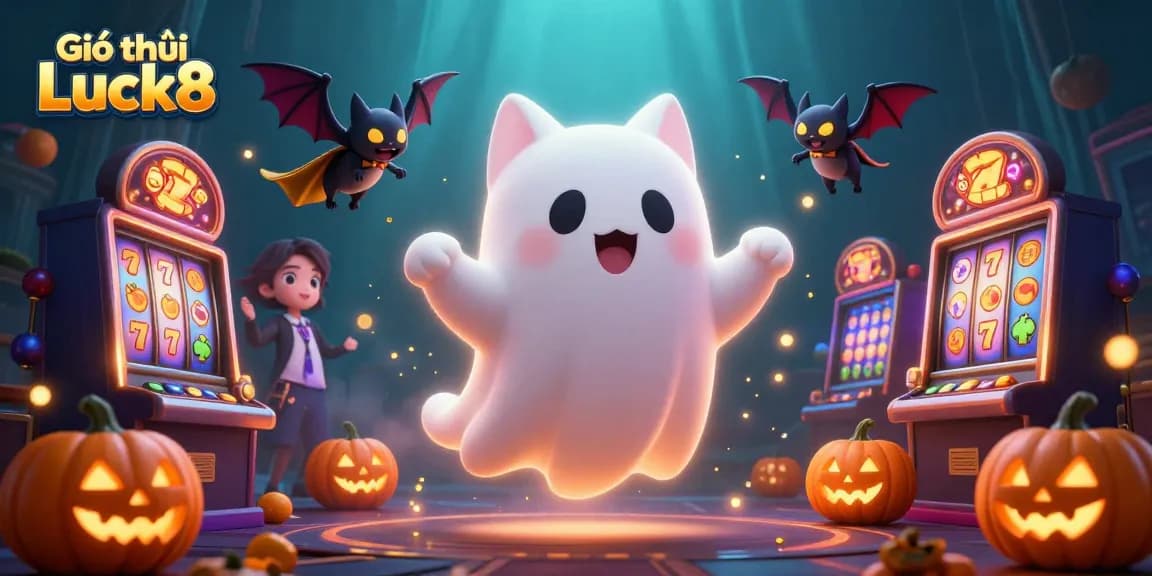 Giới thiệu Luck8 showcases a colorful casino experience with a friendly ghost cat, dynamic slots, and golden highlights.