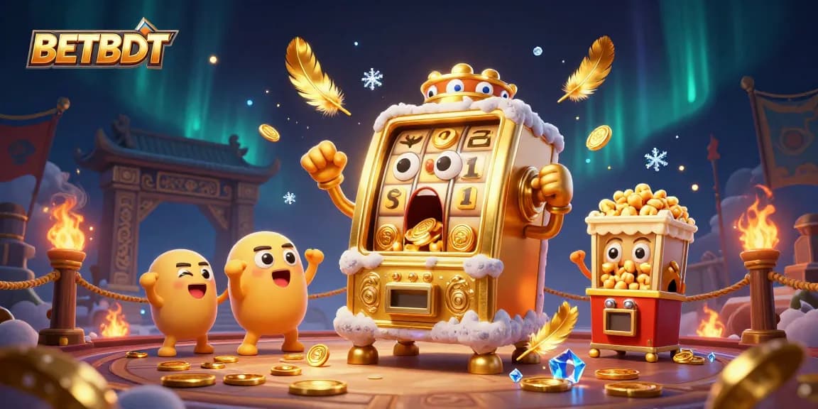 BETBDT slot machine hits jackpot with coins pouring out in a vibrant, action-packed scene.