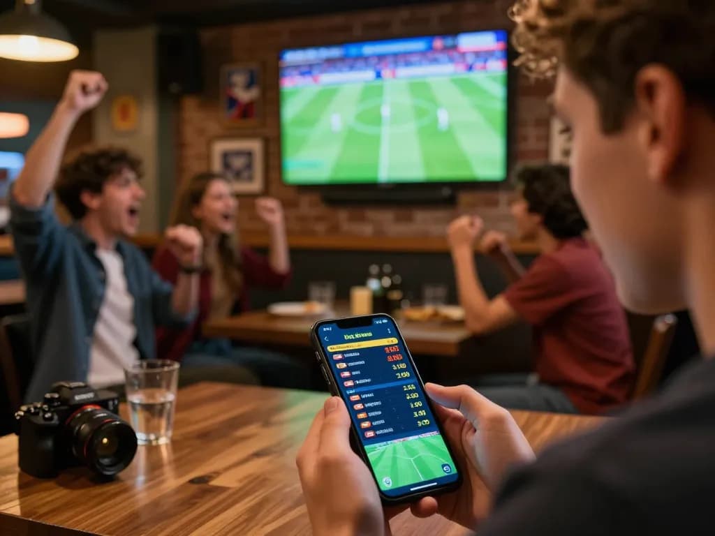 pengguna hotplay93 terlibat dalam taruhan olahraga mobile dengan semangat di bar olahraga yang ramai
