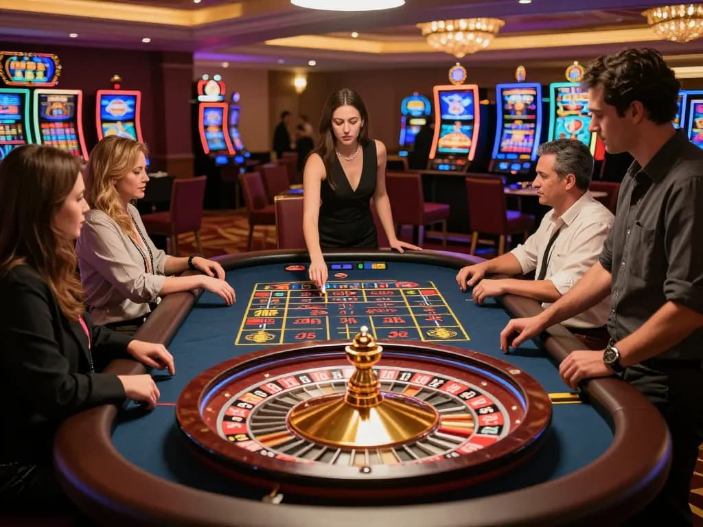 Players enjoying a thrilling roulette game in an upscale casino floor setting at tg88, with vibrant decor and energetic atmosphere.