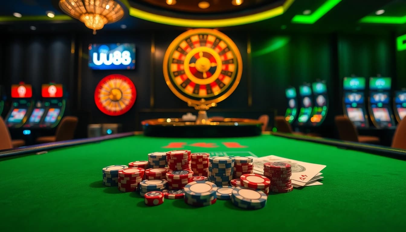 Playing poker with colorful chips and cards at uu88 casino