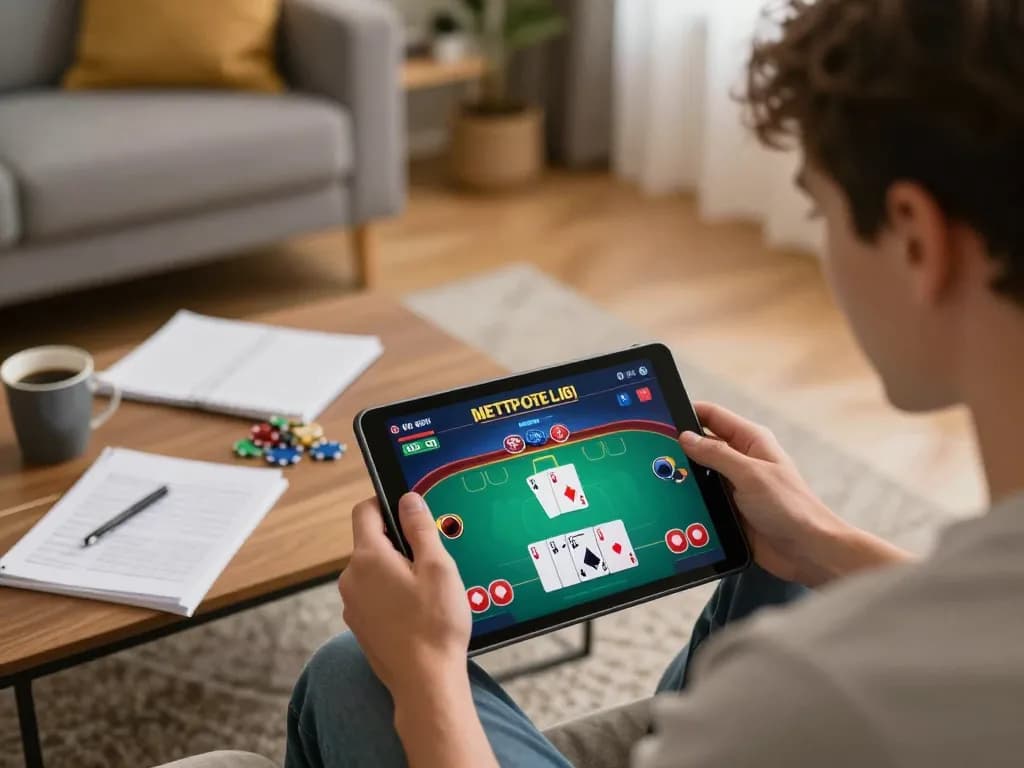 hi88 user enjoying a poker game on tablet in cozy home, focusing on strategy.