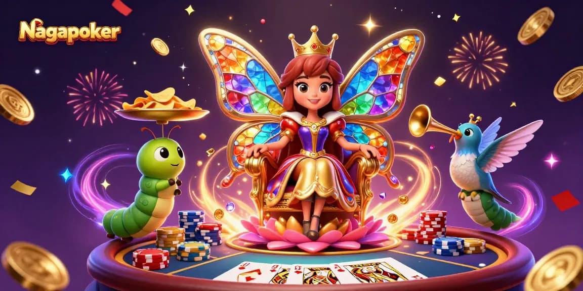 Join the excitement at Nagapoker with our poker queen and her caterpillar servants presenting golden chips!