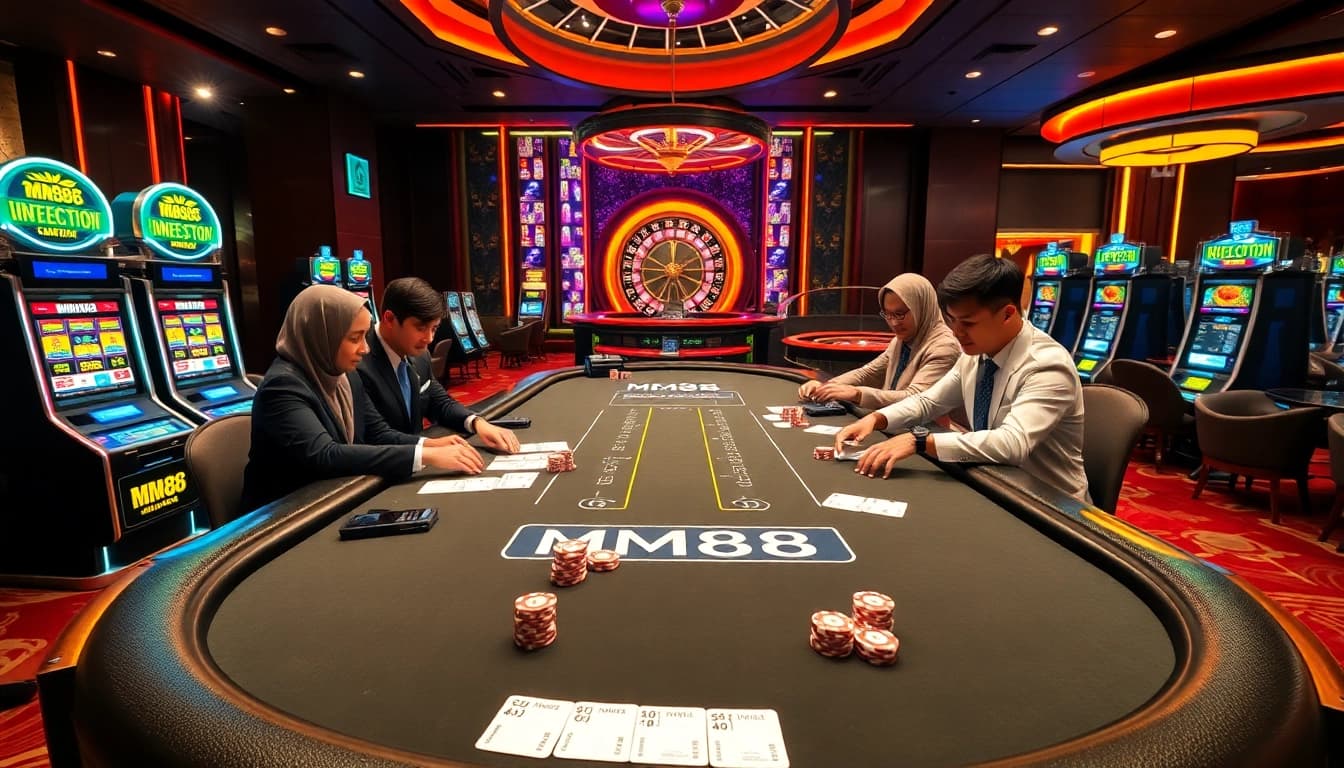Experience thrilling gameplay at MM88's vibrant casino table with poker chips and slot machines.