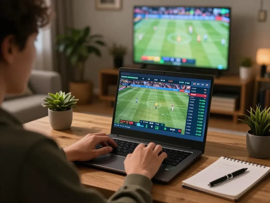 Person engaging in sports betting on JUN88 website while watching live games from home.