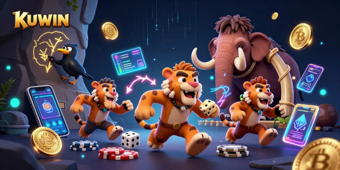 Experience thrilling action at KUWIN's casino with a dynamic scene featuring cavemen and neon crypto elements.