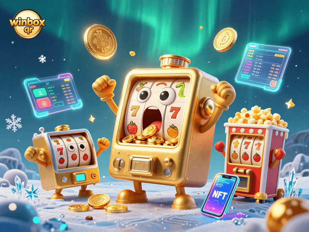 Spin the winbox qr slot machine as golden coins pour from its mouth while cheering baby slots celebrate!