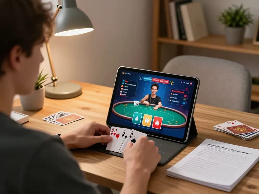 Engaging in nk88 bet poker strategy on a tablet from home office.