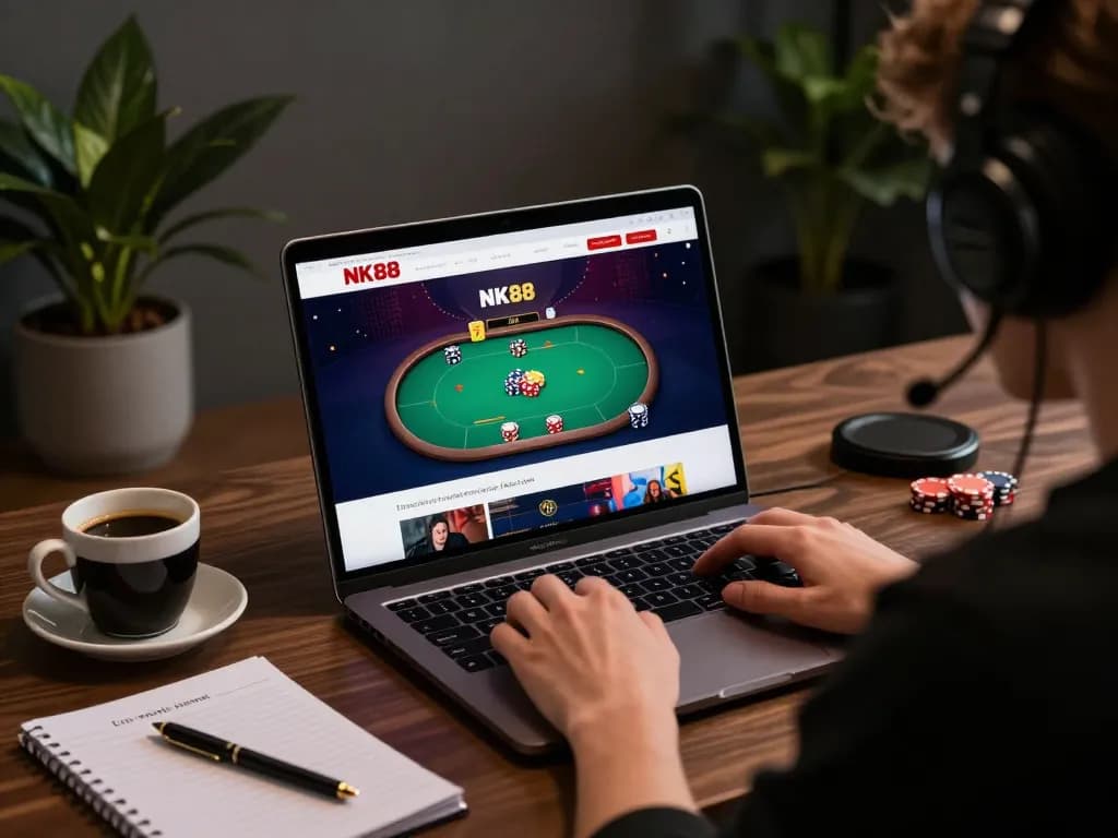 Player engaging with NK88's casino features in a modern home gaming setup.