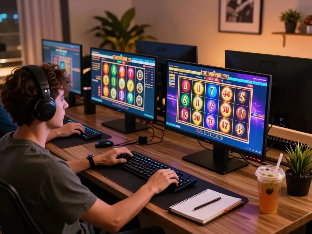 doctorjenmt engages in online slot gaming strategy, showcasing vibrant wins on multiple screens.