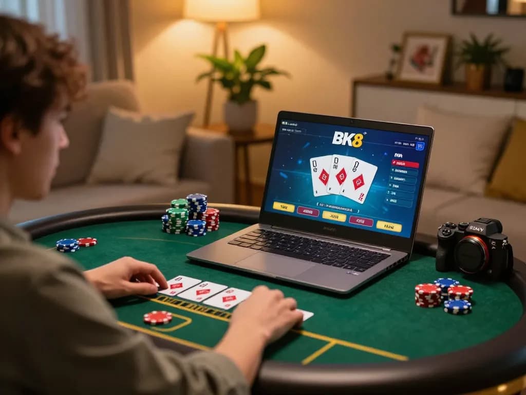 Player engaging in live dealer games on BK8 from a cozy home setup, showcasing excitement and strategy.