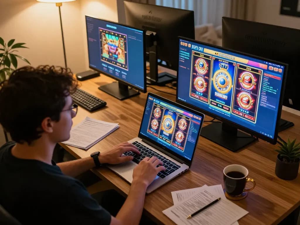 Engaged player enjoying Win138 online slots on a laptop with vibrant graphics and strategic notes