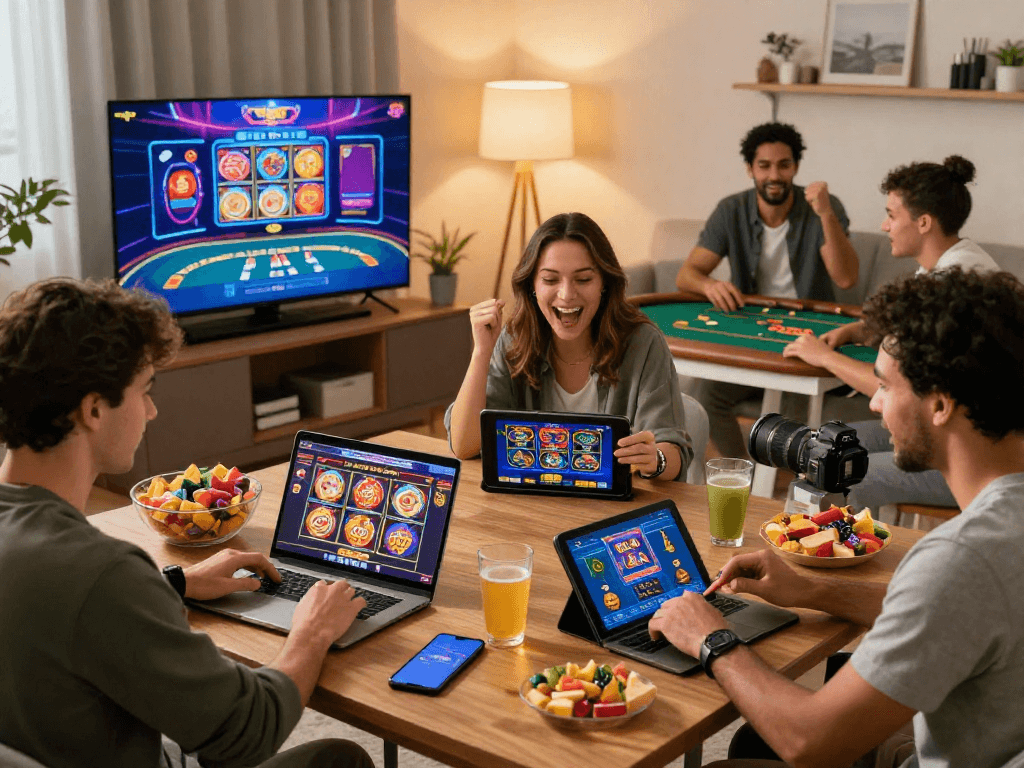 Exciting scene of players engaging with online USA casinos in a cozy living room, showcasing modern gaming interactions and camaraderie.