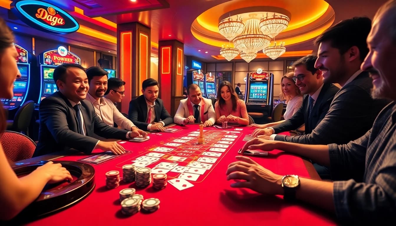 Daga players enjoying a high-stakes game at a luxury casino table with vibrant poker chips and cards.