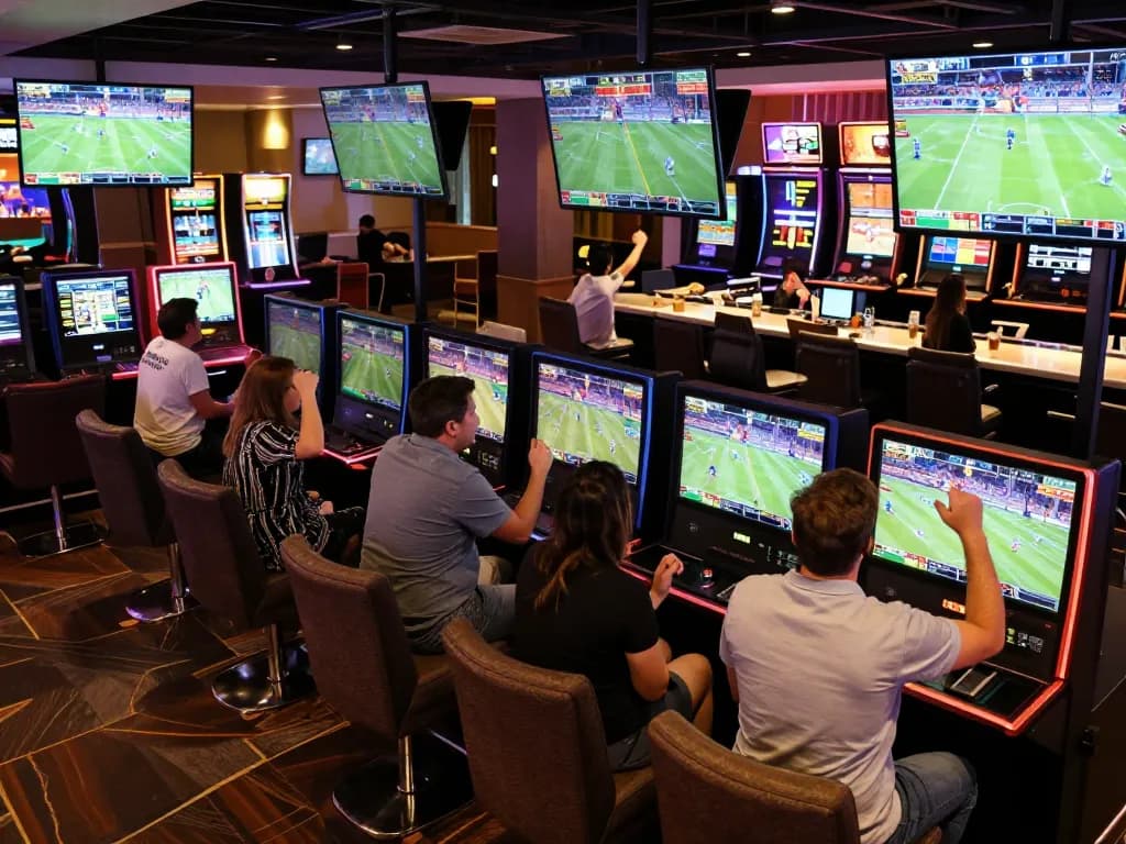 Engaged bettors in the hit club sports betting lounge placing wagers on live events