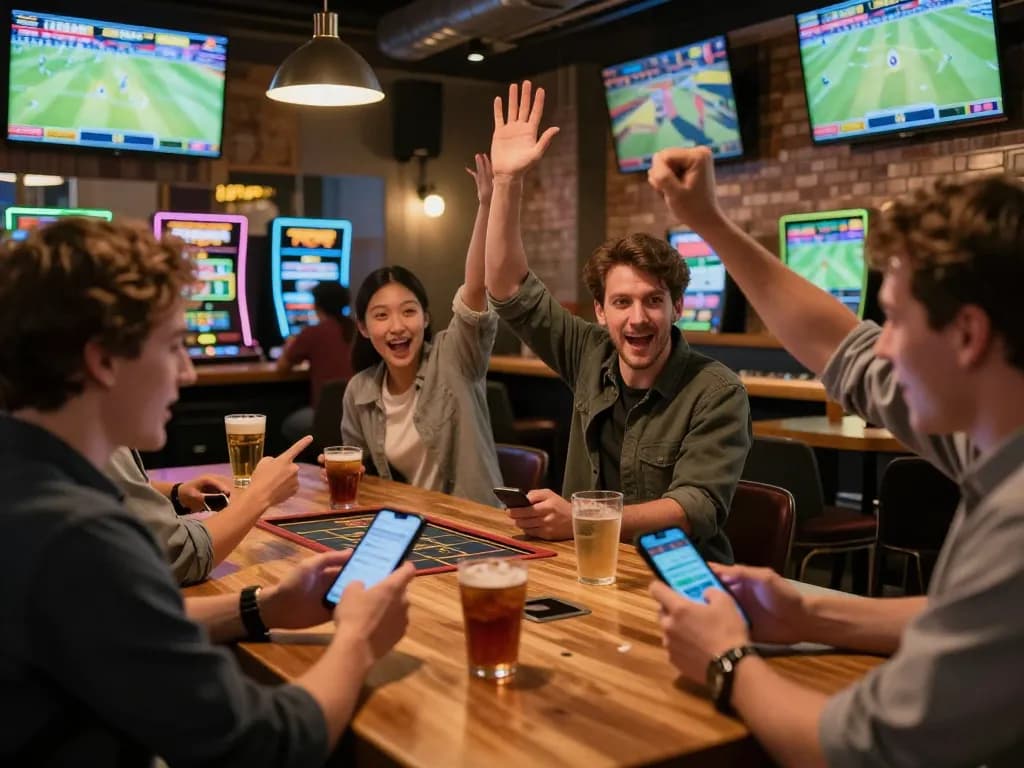 Cheering crowd placing bets in a lively sports bar atmosphere during an exciting 88aa bet event.