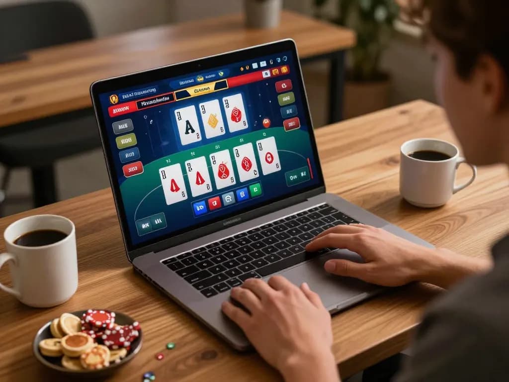 KDTOTO player enjoying live dealer casino gaming on laptop with vibrant interface visible.