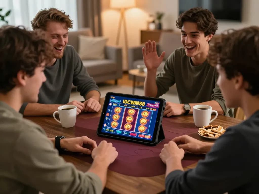 Excited players engaging with the IDCWIN88 game on tablet, showcasing strategic online gambling moments.