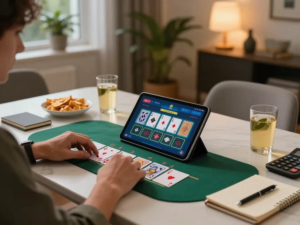 OKFUN player enjoying blackjack session on tablet in cozy home setting with strategic planning elements.