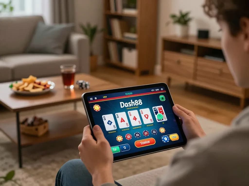 Engaging in dash88 online casino gameplay at home with vibrant game interface and cozy atmosphere.