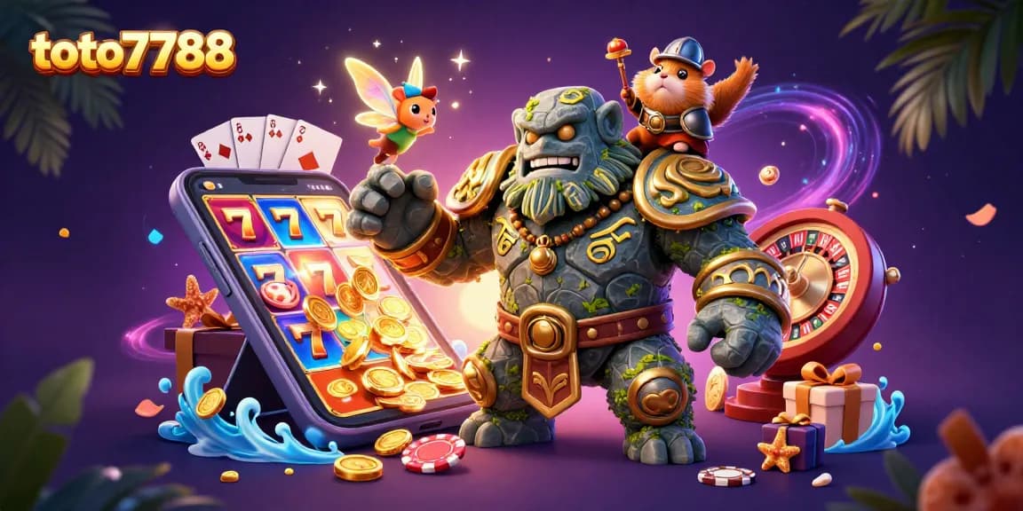 Engage in thrilling gameplay with toto7788's vibrant 3D visual of lottery and gaming excitement.