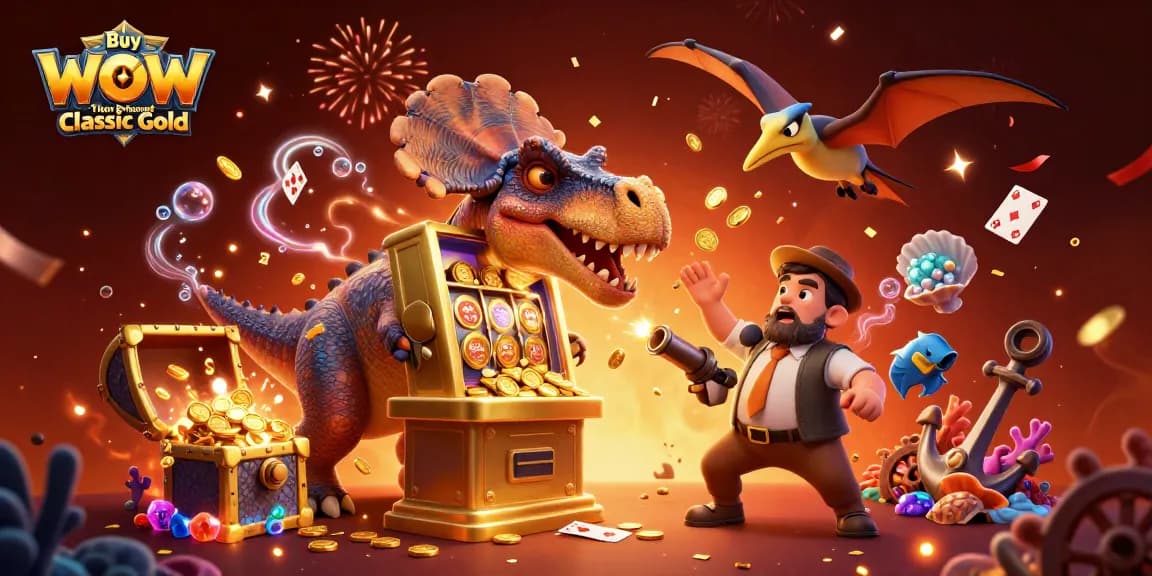 Buy WoW Titan Reforged Classic Gold from a vibrant scene showcasing dinosaur characters interacting with dynamic casino elements.